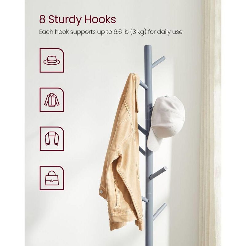 Hivvago Sturdy Solid Wood Coat Rack in White Finish with 8 Hooks image number 2