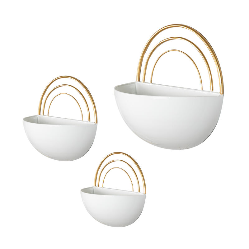 Crescent 3-Piece Metal Wall Planter Set - White with Gold Detail