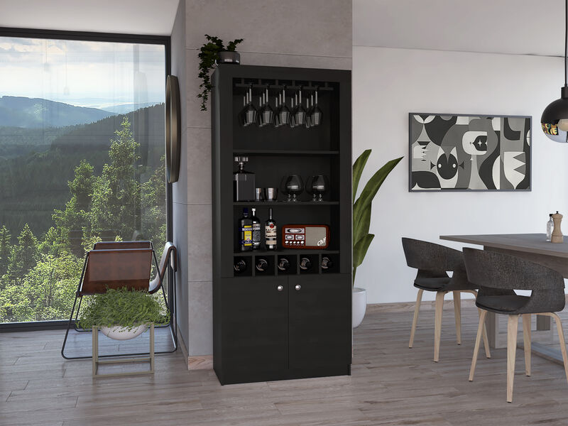 DEPOT E-SHOP Dakota Bar Double Door Cabinet, Five Built-in Wine Rack, Three Shelves, Black