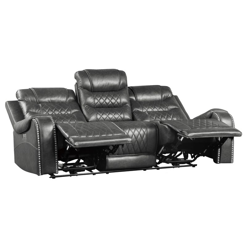 Paul Power Recliner Sofa, 87 Inch, Gray Faux Leather, Drop Down Table - Benjara image number 3