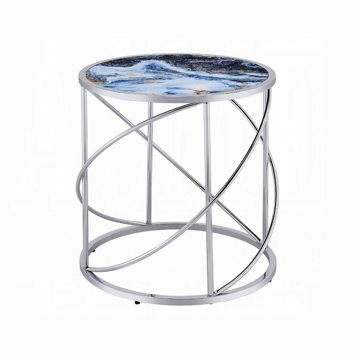 Shira Round Side End Table, 22 Inch, Open Chrome Base Blue Faux Marble