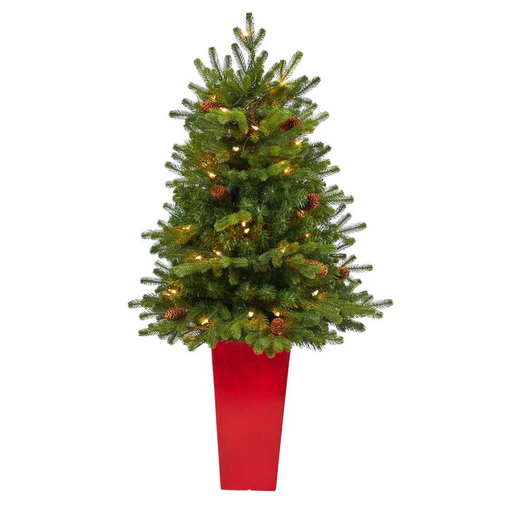 Nearly Natural 3.5-in Yukon Fir Xmas Tree w/50 Lights in Red Planter