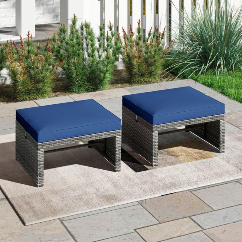 Hivvago 2 Pieces Patio PE Rattan Ottomans with Soft Zippered Cushions for Deck