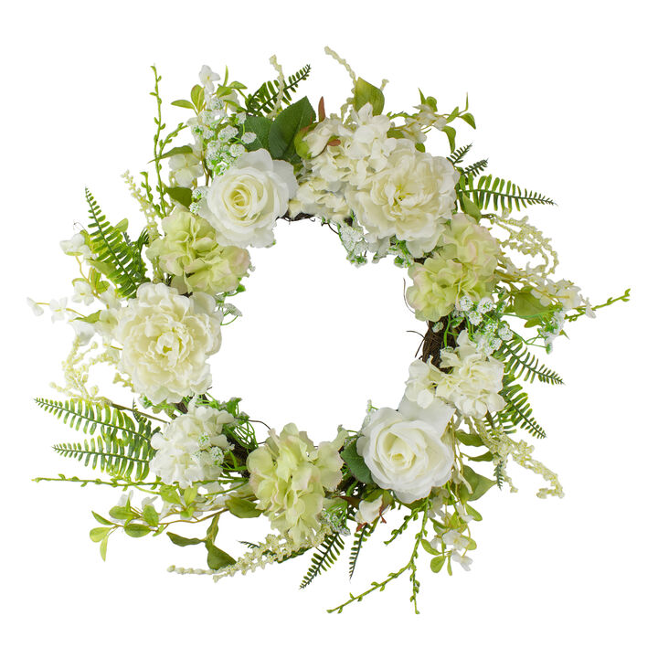 Peony and Rose Artificial Spring Wreath  White and Green - 24-Inch