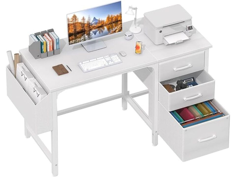 Computer Desk &ndash; 47" White Office Table with File Drawers, Shelves & Fabric Cabinet