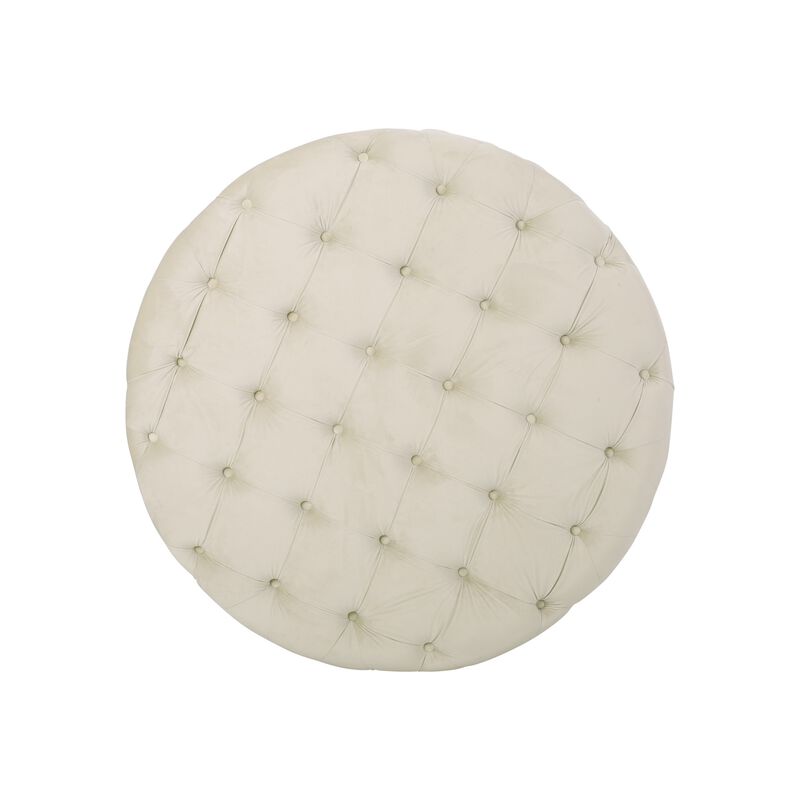 Vivan Ottoman, Tufted Beige Velvet, Soft Cushions, Round 40 Inch Top - Benzara