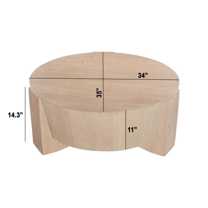 Joana Coffee Table, 35 Inch Round Drum Shape with 3 Legs, Sandblasted Natural Brown Mango Wood