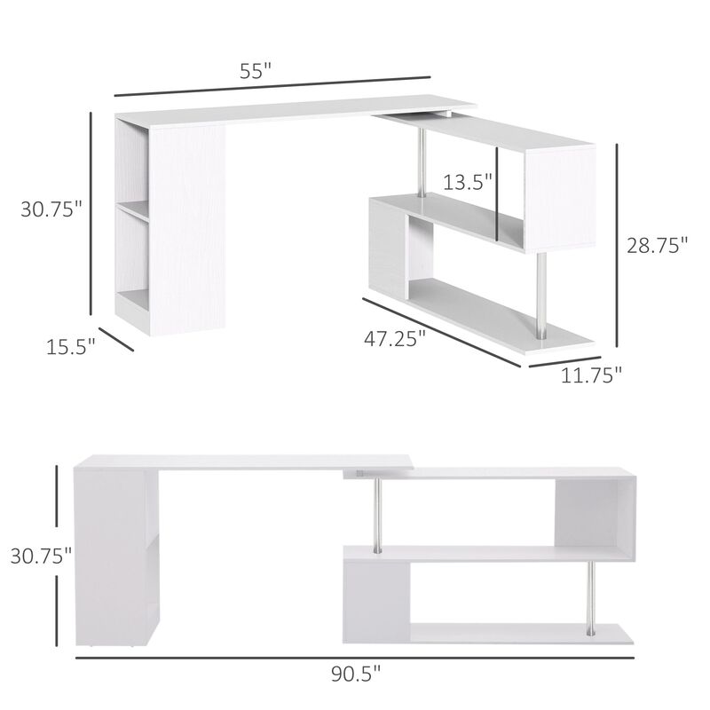 White Versatile Office: 55" 360° Rotating L-Shaped Desk with Storage