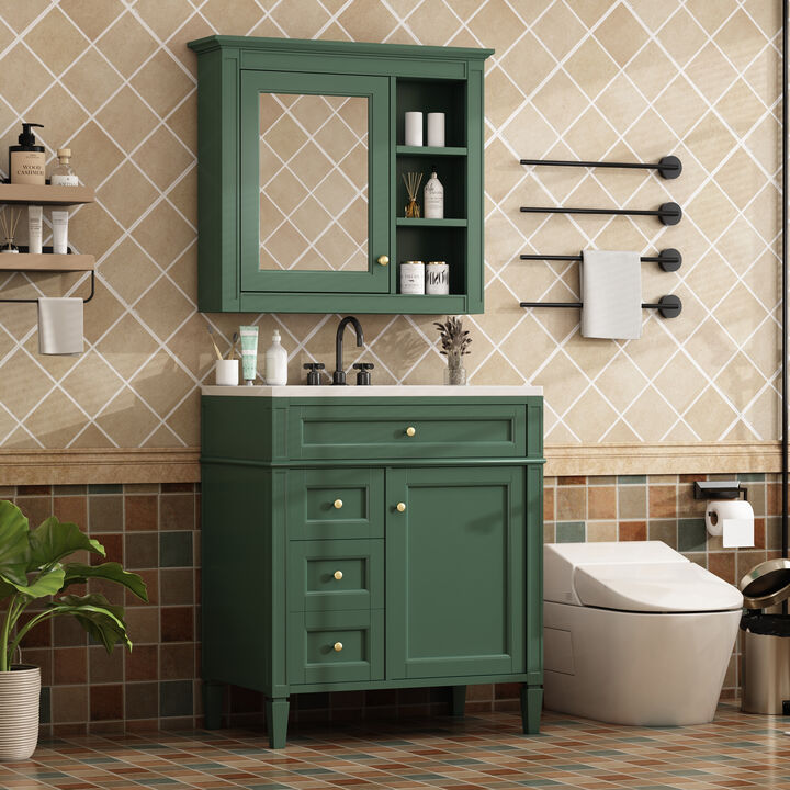 Merax Bathroom Vanity Set with Mirror Cabinet, Ceramic 3-Hole Basin, Soft-Close Storage