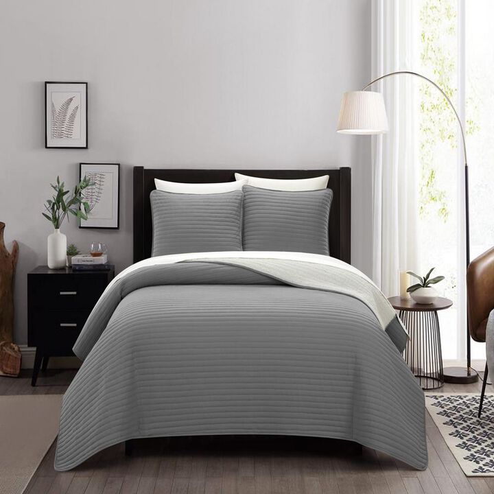 Chic Home St Paul Quilt Set Contemporary Striped Design Sherpa Lined Bed In A Bag Bedding - Sheets Pillowcases Pillow Shams Included - 7 Piece - King 104x90", Grey