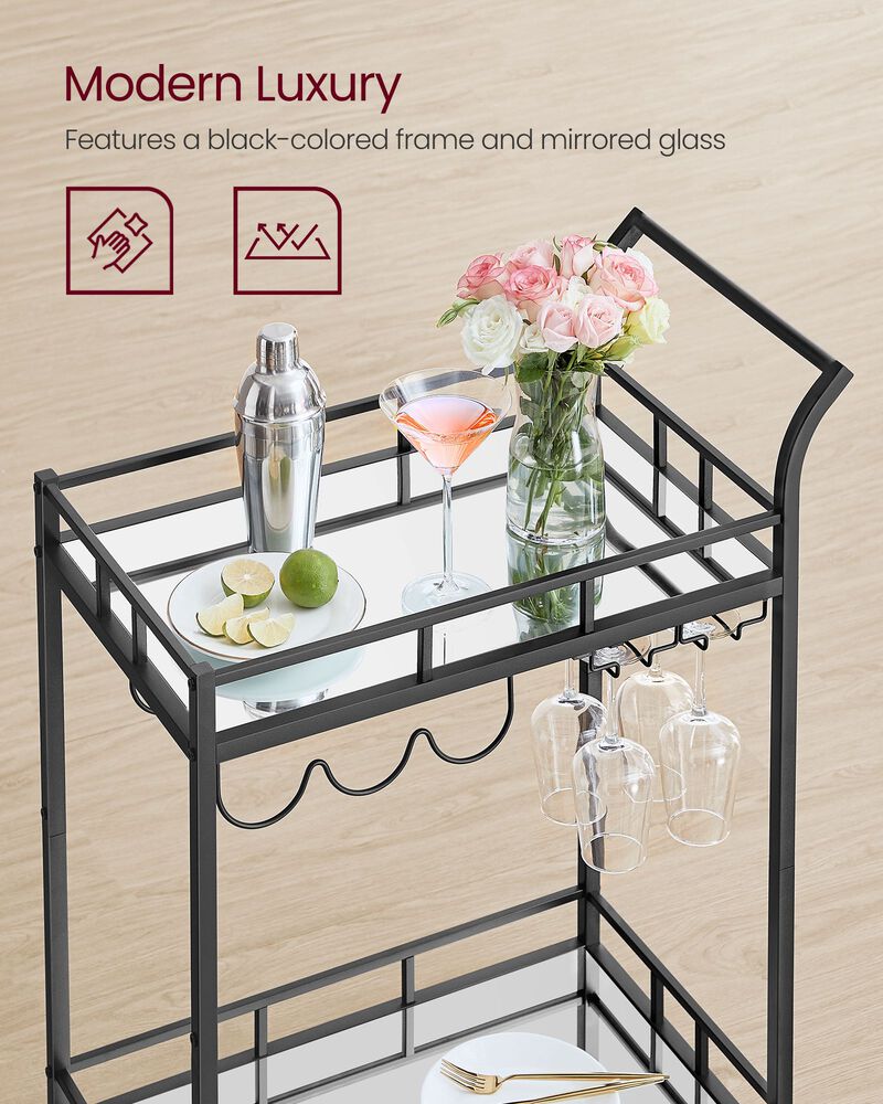 2-Tier Mirrored Bar Cart – Elegant Home Serving Trolley with Glass Shelves and Wheels for Dining or Living Room