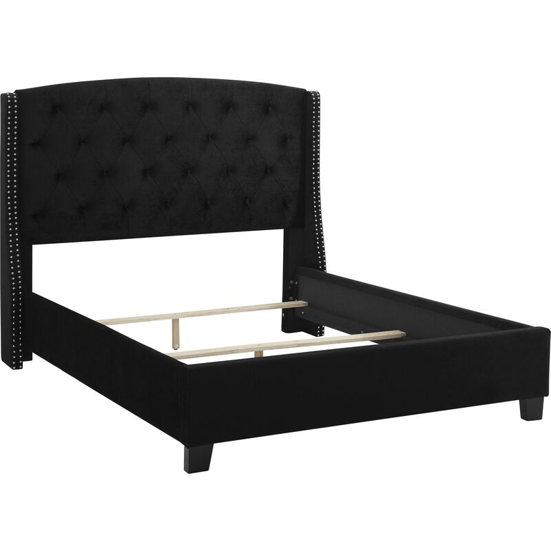 Elle Queen Size Bed, Low Profile, Black Button Tufted Upholstered Headboard - Benzara