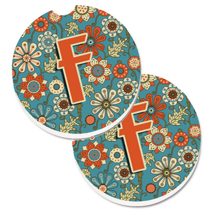 Caroline's Treasures Letter F Flowers Retro Blue Set of 2 Cup Holder Car Coasters CJ2012-FCARC, 2.56, Multicolor