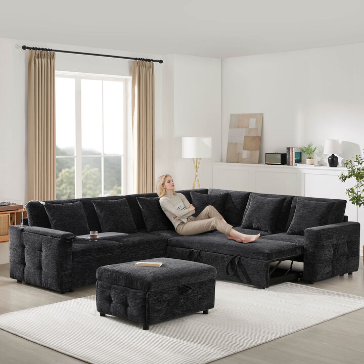 Merax Modular Sectional Pull-out Sofa Bed with Flip-up Table Panel