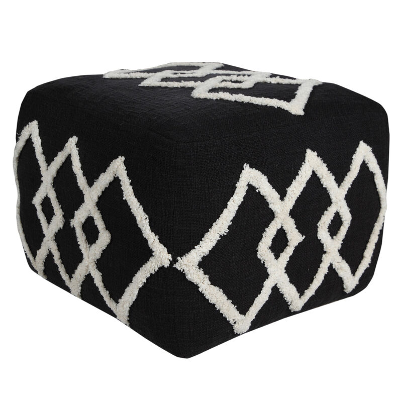 Cotton Upholstered Geometric Pouf – Round Ottoman Seat for Living Room
