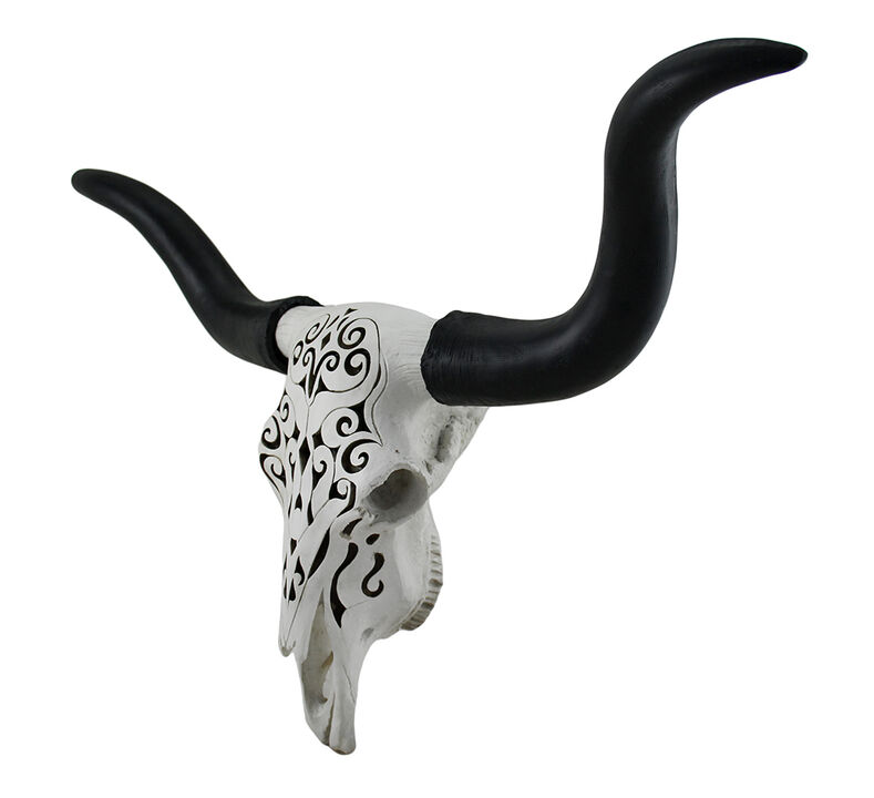 Longhorn and Lace Black & White Filigree Design Hanging Steer Skull Statue