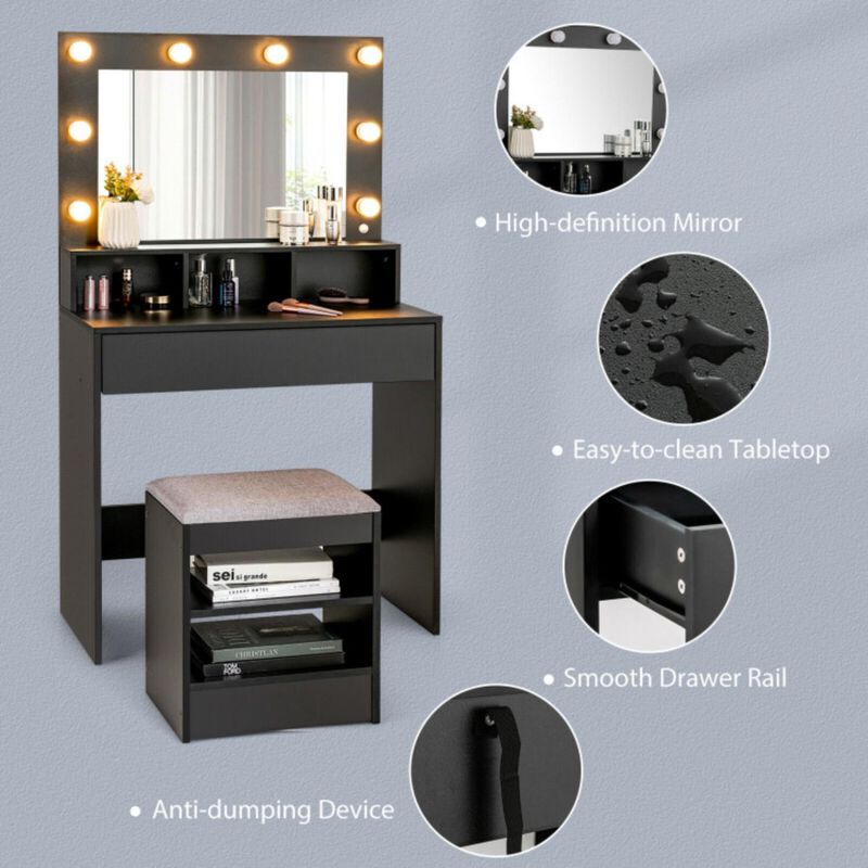 Hivvago Vanity Table Set with Lighted Mirror and Cushioned Stool