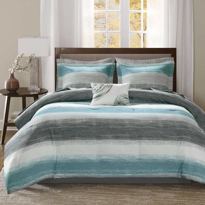 Madison Park Essentials Queen Comforter Set, Bed in a Bag Queen, Watercolor Print Coastal Comforter & Chambray Cotton Sheet Set,