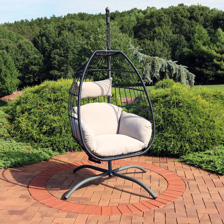 Sunnydaze Resin Wicker Hanging Egg Chair with Steel Stand/Cushions - Gray