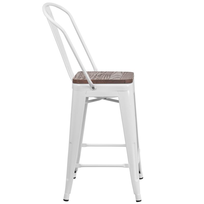 Flash Furniture 24" High White Metal Counter Height Stool with Back and Wood Seat image number 5