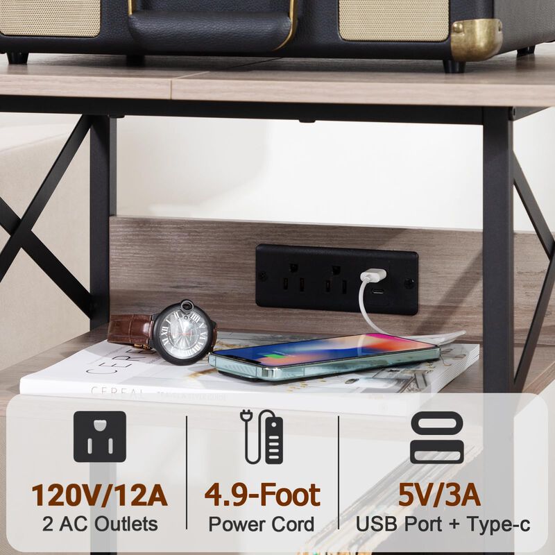 AMHANCIBLE Record Player Stand with Charging Station, Large Turntable Stand with Storage Cabinet, 3 Tier End Table Hold Up to 10