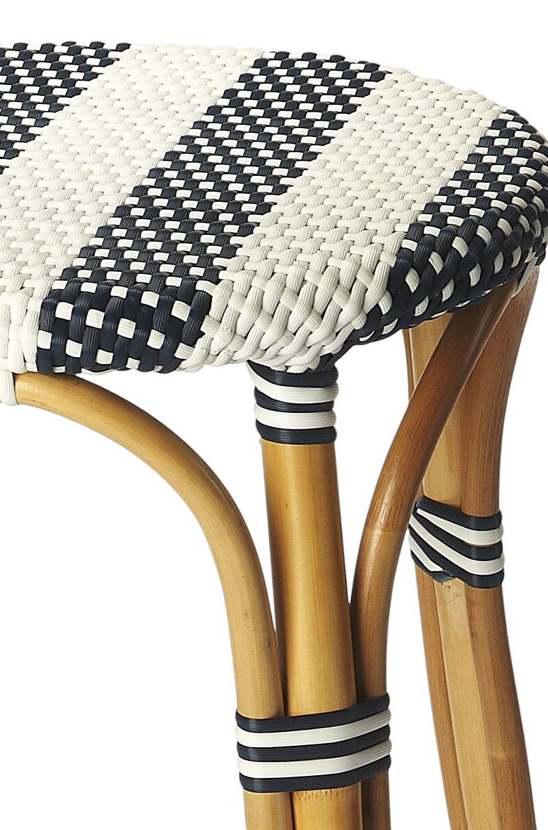 HomeRoots 30" Blue White And Natural Heavy Duty Plastic And Rattan Backless Bar Height Bar Chair image number 2