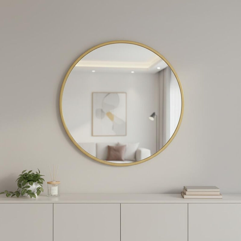 HomeRoots 30" Gold Aluminum Round Framed Accent Mirror image number 1