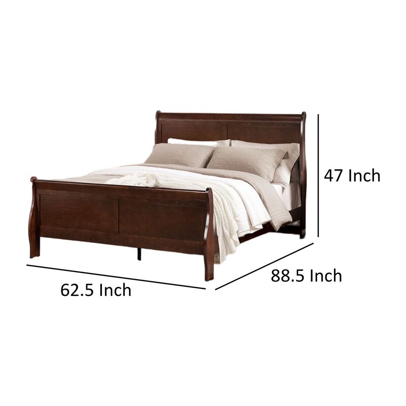 Ryla Queen Size Bed, Sleigh Panel Headboard, Dark Cherry Brown Solid Wood - Benzara