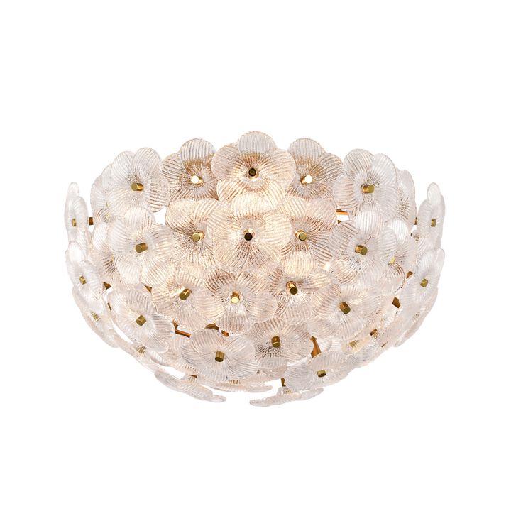 Aika 3-Light 15" Clear Glass Floral Flush Mount - Medium‑gloss Brushed Brass