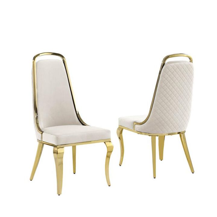 Best Quality Furniture Cream Velvet High Back Chair With Gold Chrome Trim, Set Of 2