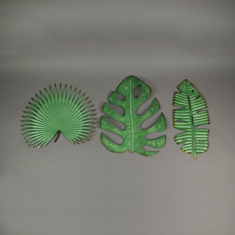 Set / 3 Antiqued Green Metal Tropical Leaf Wall Hanging Palmetto Monstera Banana image number 3
