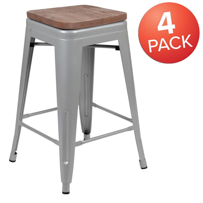 Flash Furniture 24" High Metal Counter-Height, Indoor Bar Stool with Wood Seat in Silver - Stackable Set of 4