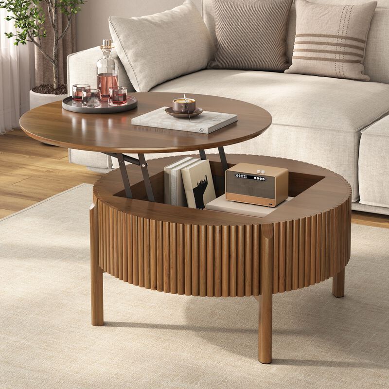 Whisen 30.3" Round Lift Top Coffee Table, Solid Wood Hidden Storage Modern Farmhouse Center Table for Living Room image number 4