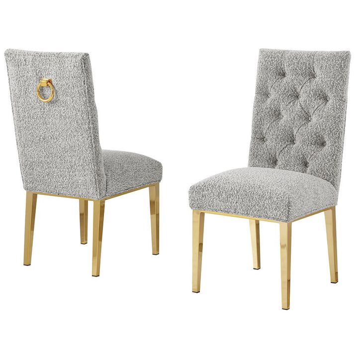 Best Quality Furniture Rich Gray Boucle Fabric With Gold Chrome Base Dining Chairs (Set Of 2)
