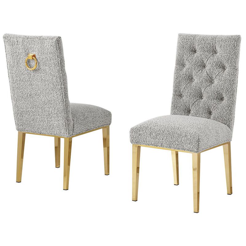 Best Quality Furniture Rich Gray Boucle Fabric With Gold Chrome Base Dining Chairs (Set Of 2)