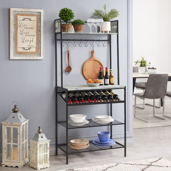 Kings Brand Furniture - Baker’s Rack for Kitchen with Storage Shelves & Hooks, Microwave Stand Coffee Bar Station with Wine Rack Holder