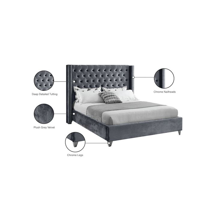 Meridian Furniture Aiden Grey Velvet Queen Bed