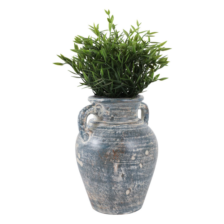 Terracotta, 9" Vase With Handles, Blue/white