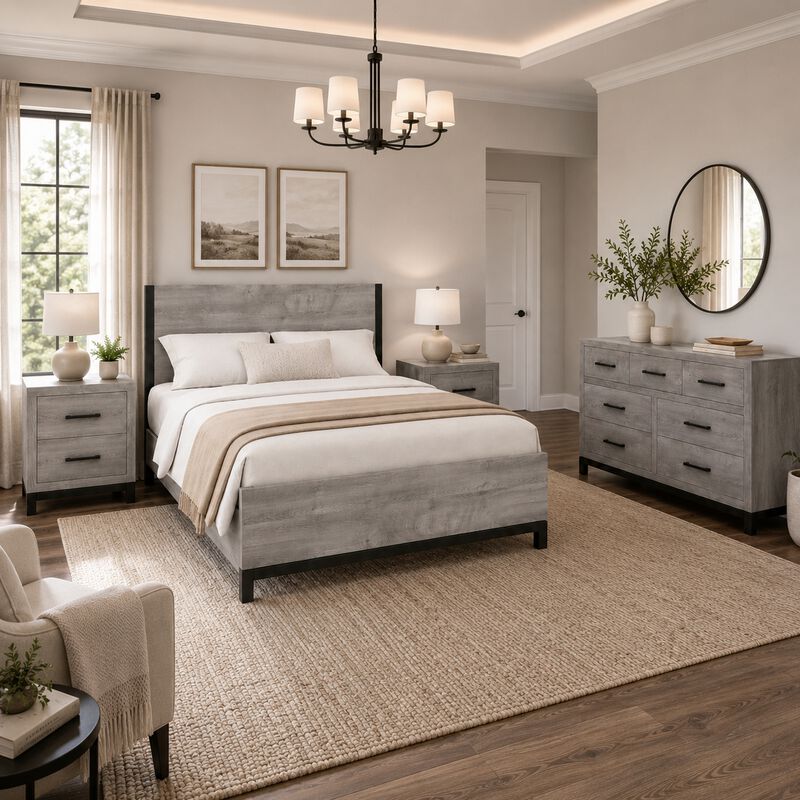 Queen Bedroom Set, Gray Wood, 4 Piece Set with 2 Nightstands and Dresser image number 1