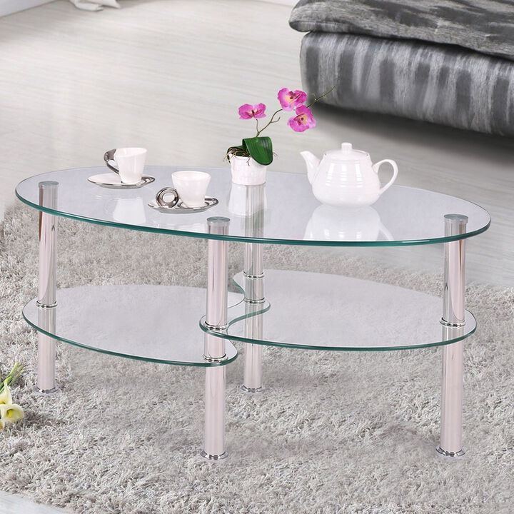 Hivvago Modern Oval Tempered Glass Coffee Table with Bottom Shelf