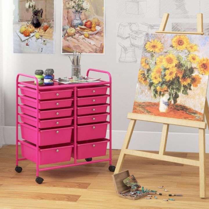 Hivvago 12-Drawer Rolling Storage Cart with Removable Drawers and Lockable Wheels-Rose Red