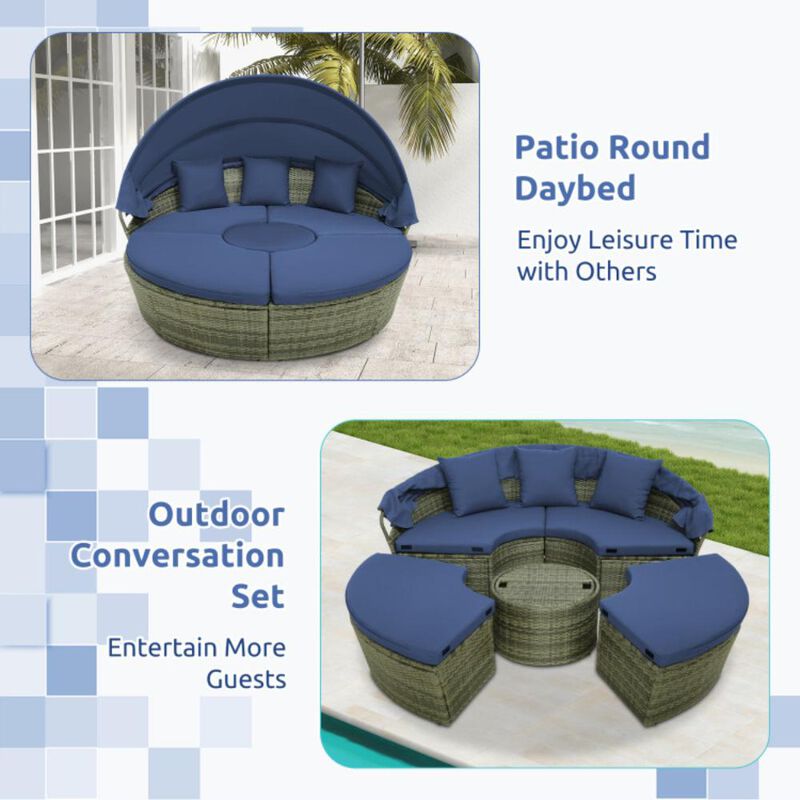 Hivvago Outdoor PE Wicker Round Daybed with Retractable Canopy and Cushions