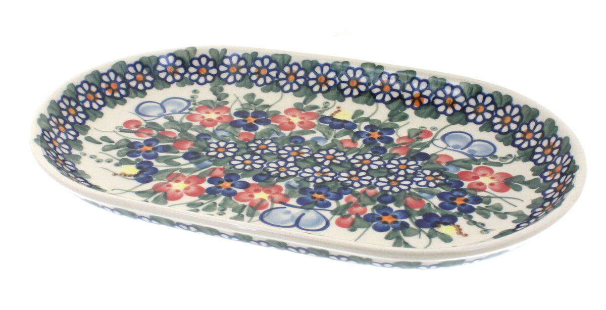 Blue Rose Polish Pottery Holiday Pine Small Oval Dish