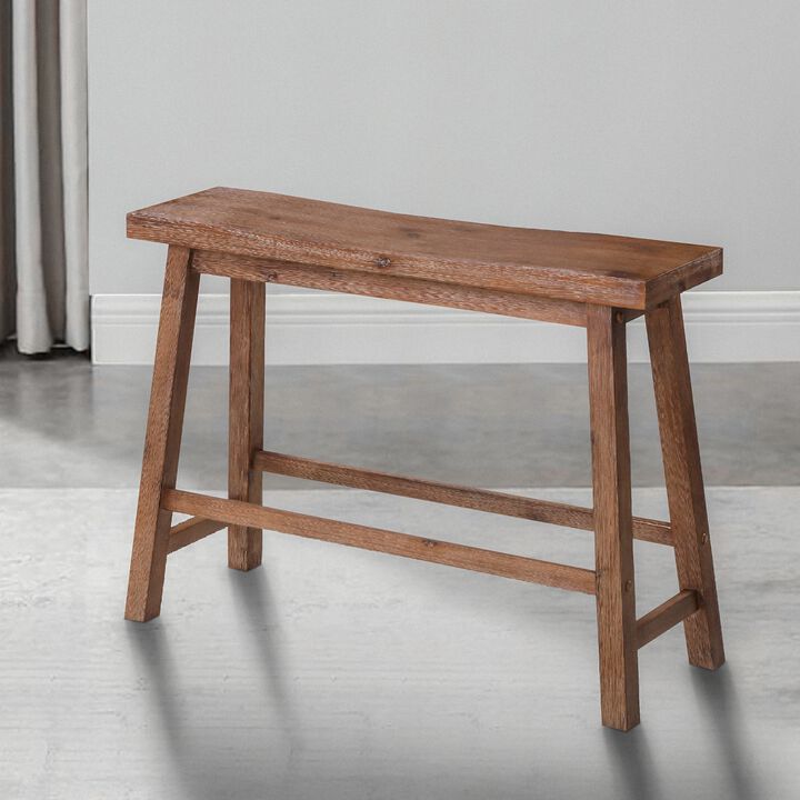 Saddle Seat Wooden Bench with Canted Frame, Oak Brown- Benzara
