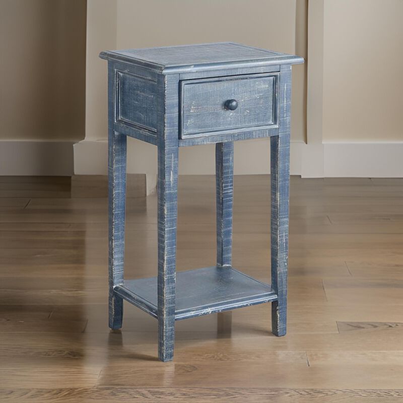 Rena Side End Table with 1 Drawer, 17 Inch Rustic Blue Mahogany Wood