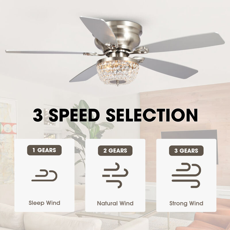 48" Modern Nickel Low Profile Crystal Ceiling Fan Chandelier with Light and Remote
