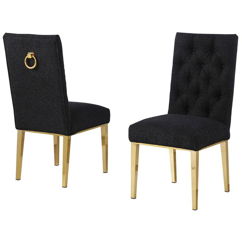 Best Quality Furniture Black Boucle Fabric With Gold Chrome Base Dining Chairs (Set Of 2)
