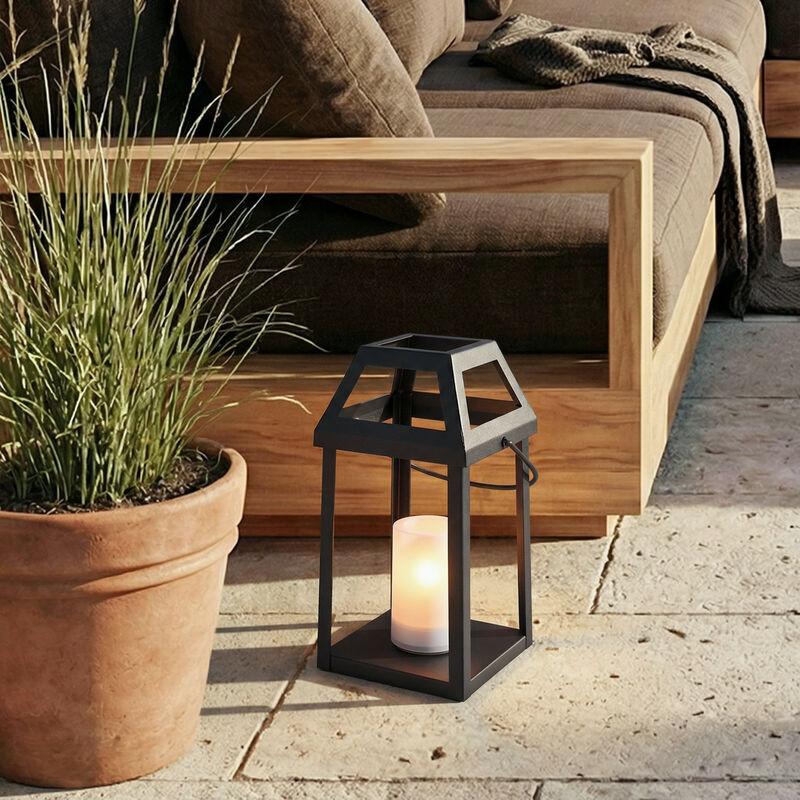 H13&rdquo; Solar Outdoor Lantern with Flickering Candle Modern Metal Solar Lantern with Handle, Waterproof Patio Table & Hanging Light Auto On/Off for Garden Deck image number 3