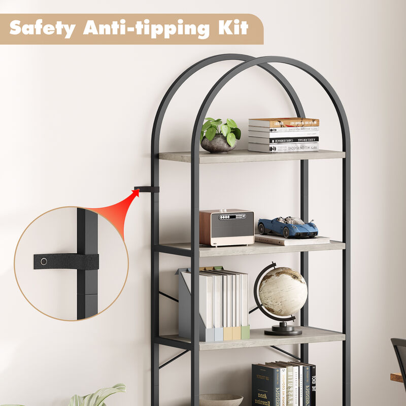 Modern Industrial Arched 5-Tier Open Bookshelf, Curved Metal Frame Freestanding Storage Display Shelf for Living Room, Bedroom & Home Office image number 3