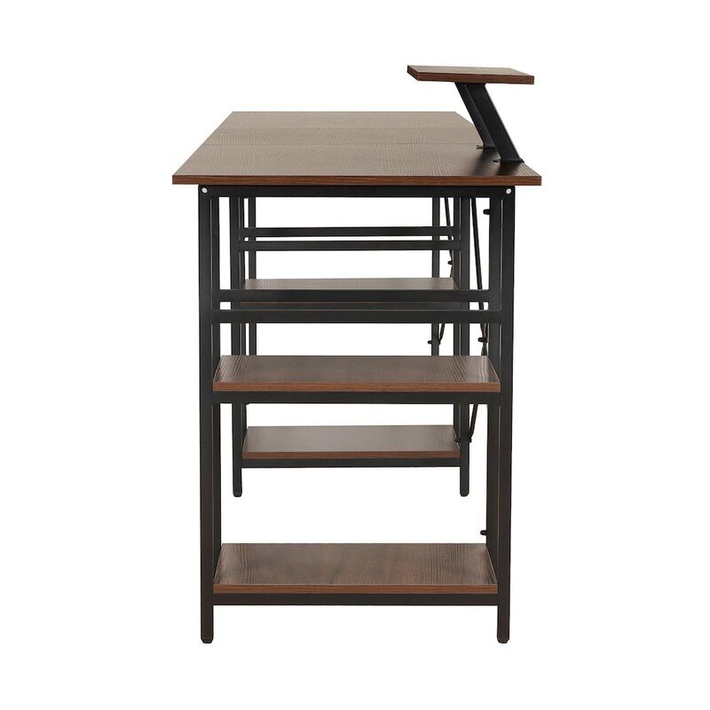 Techni Mobili L-Shape Industrial Desk with storage shelves, Walnut